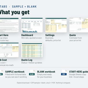 May include: A digital spreadsheet template featuring 6 tabs: Start Here, Dashboard, Settings, Quote, Job Cost, and Quote Log. Includes a sample workbook, a blank workbook, and a Start-Here guide. Text includes '6 TABS', 'SAMPLE + BLANK', and 'What you get'.