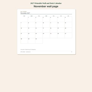 May include: A printable wall calendar page for November 2027 featuring a grid layout with days of the week from Sunday to Saturday. The text includes November 2027, dates 1 through 30, and notes for Veterans Day and Thanksgiving at the bottom.