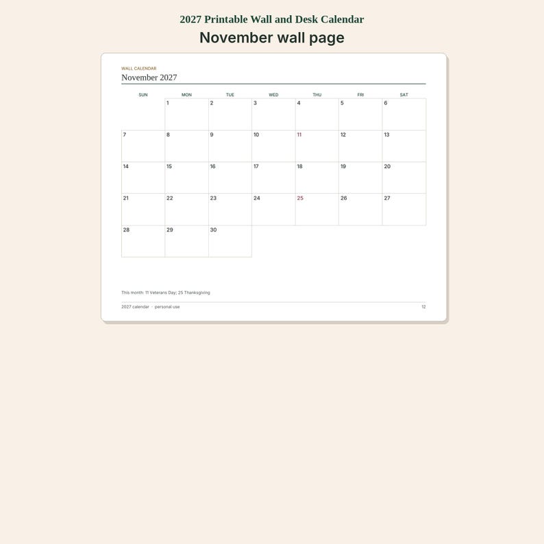 May include: A printable wall calendar page for November 2027 featuring a grid layout with days of the week from Sunday to Saturday. The text includes November 2027, dates 1 through 30, and notes for Veterans Day and Thanksgiving at the bottom.
