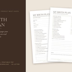 Puede incluir: Un documento de plan de parto imprimible de dos páginas con casillas de verificación y secciones para el trabajo de parto, el entorno y el cuidado del recién nacido. El texto dice MY BIRTH PLAN, NEW MOM PRODUCT MUST HAVES.