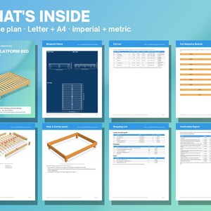 May include: A 21-page digital plan for a Japandi platform bed, including blueprint views, cut lists, board diagrams, exploded views, assembly steps, shopping lists, and verification reports in both letter and A4 sizes with imperial and metric units.