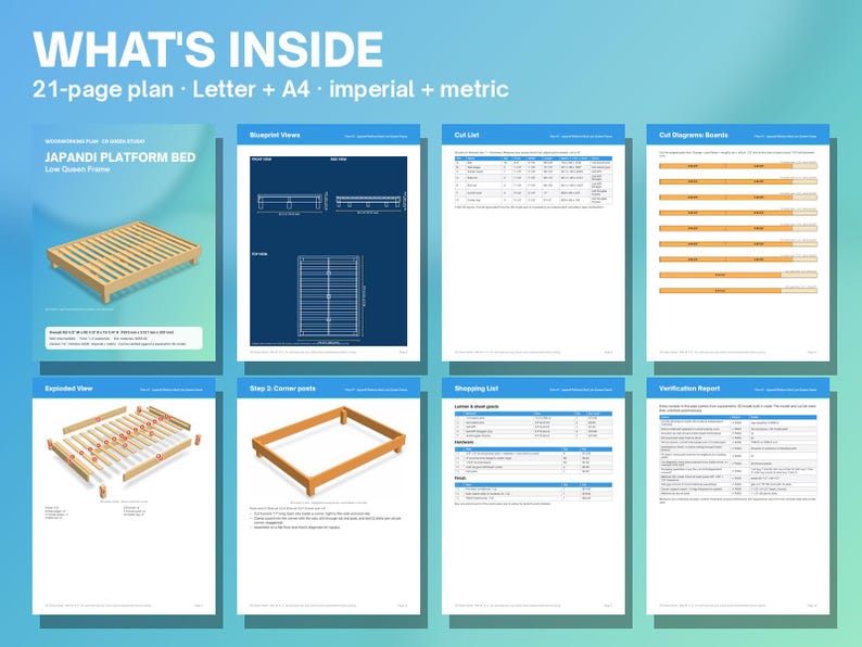 May include: A 21-page digital plan for a Japandi platform bed, including blueprint views, cut lists, board diagrams, exploded views, assembly steps, shopping lists, and verification reports in both letter and A4 sizes with imperial and metric units.