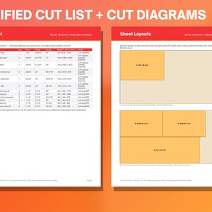 May include: A document titled VERIFIED CUT LIST + CUT DIAGRAMS featuring a detailed table of wood components with part names, quantities, and dimensions in inches, alongside sheet layout diagrams showing rectangular cut sections for a project.