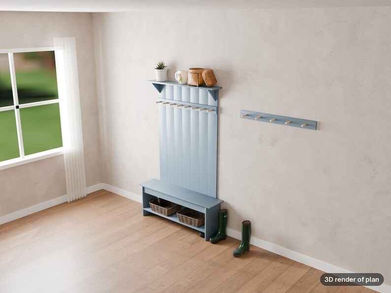 Peut inclure: Un meuble d'entr&eacute;e bleu clair avec un banc, des panneaux verticaux et une &eacute;tag&egrave;re sup&eacute;rieure contenant une petite plante et des paniers tress&eacute;s. Sous le banc se trouvent deux paniers de rangement. Un porte-manteau mural assorti est fix&eacute; &agrave; droite.