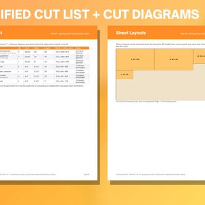 May include: A digital document titled VERIFIED CUT LIST + CUT DIAGRAMS featuring two pages. The left page displays a table labeled Cut List with columns for part, name, quantity, thickness, width, length, and stock. The right page shows Sheet Layouts.