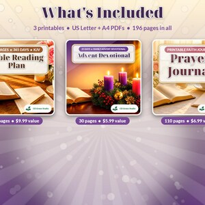 May include: A digital bundle of three printable faith-based documents titled Bible Reading Plan, Advent Devotional, and Prayer Journal. The set includes 196 pages total in US Letter and A4 PDF formats, featuring imagery of open books and candles.