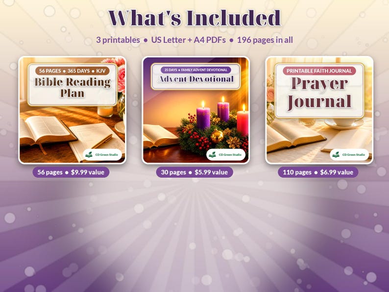 May include: A digital bundle of three printable faith-based documents titled Bible Reading Plan, Advent Devotional, and Prayer Journal. The set includes 196 pages total in US Letter and A4 PDF formats, featuring imagery of open books and candles.