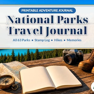 May include: A printable adventure journal titled National Parks Travel Journal with text All 63 Parks, Stamp Log, Hikes, Memories. Includes a map, compass, open notebook, camera, brown leather hiking boots, and a metal water bottle.