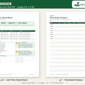 May include: Two digital document pages titled Unit-Price Cheat Sheet and Price Book: Produce. The pages feature tables, text, and instructional guides for calculating unit prices and tracking grocery costs, branded by CD Green Studio.
