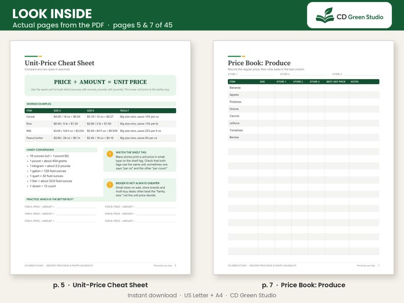May include: Two digital document pages titled Unit-Price Cheat Sheet and Price Book: Produce. The pages feature tables, text, and instructional guides for calculating unit prices and tracking grocery costs, branded by CD Green Studio.