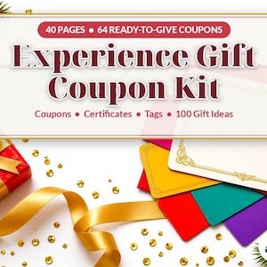 Puede incluir: Un kit de cupones de regalo con 40 p&aacute;ginas y 64 cupones listos para entregar, certificados, etiquetas y 100 ideas de regalo. El kit incluye una caja de regalo roja con un lazo dorado, tarjetas coloridas y un sobre blanco.