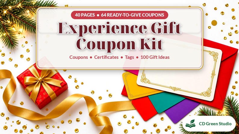 Puede incluir: Un kit de cupones de regalo con 40 p&aacute;ginas y 64 cupones listos para entregar, certificados, etiquetas y 100 ideas de regalo. El kit incluye una caja de regalo roja con un lazo dorado, tarjetas coloridas y un sobre blanco.