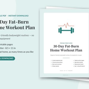 Op de afbeelding: Een digitaal 30-Day Fat-Burn Home Workout Plan document met een groenblauw haltericoon en een rode hartslaglijn. De tekst bevat 18 printbare pagina's, US Letter 21,59 x 27,94 cm, een 4-weken plan, oefeningen en trackers.