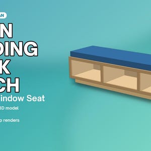 May include: A woodworking plan for a cabin reading nook bench and built-in window seat. The document features 24 pages, cut lists, and diagrams. A 3D render shows a rectangular wooden bench with three open storage compartments and a blue cushion.