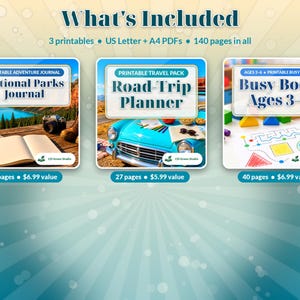 Puede incluir: Un paquete digital que incluye tres documentos imprimibles: un diario de parques nacionales con una imagen de paisaje, un planificador de viajes con un gr&aacute;fico de coche azul y un libro de actividades para ni&ntilde;os de 3 a 6 a&ntilde;os.