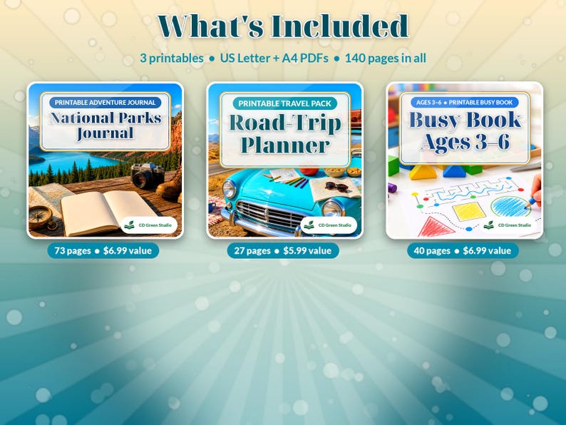 Puede incluir: Un paquete digital que incluye tres documentos imprimibles: un diario de parques nacionales con una imagen de paisaje, un planificador de viajes con un gr&aacute;fico de coche azul y un libro de actividades para ni&ntilde;os de 3 a 6 a&ntilde;os.
