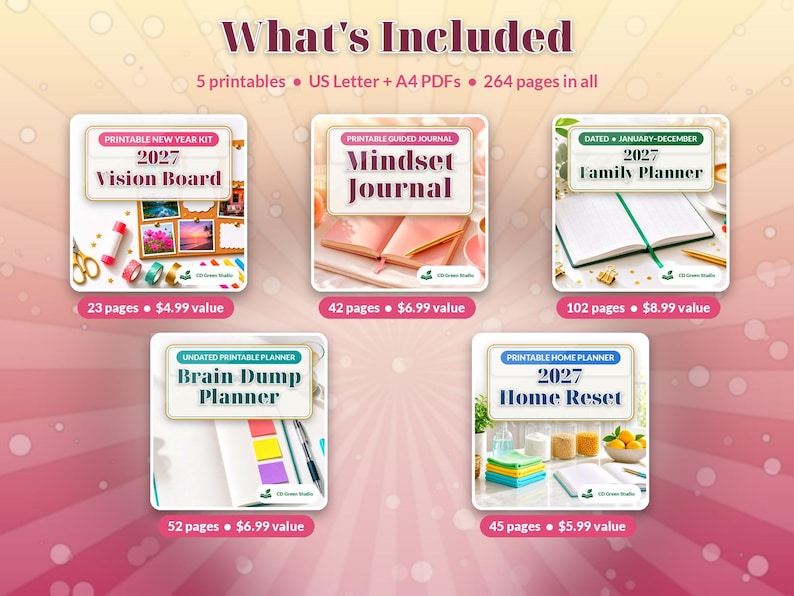 May include: A digital collection of five printable planners and journals for 2027, including a Vision Board, Mindset Journal, Family Planner, Brain Dump Planner, and Home Reset guide, totaling 264 pages in US Letter and A4 PDF formats.