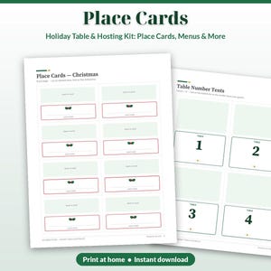 May include: A printable holiday table and hosting kit featuring Place Cards and Table Number Tents. The sheets display eight Christmas place cards with small bow icons and four table number tents labelled 1 through 4 in dark green text.