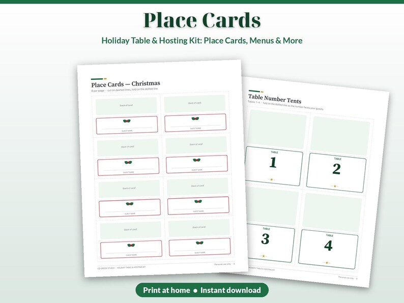 May include: A printable holiday table and hosting kit featuring Place Cards and Table Number Tents. The sheets display eight Christmas place cards with small bow icons and four table number tents labelled 1 through 4 in dark green text.
