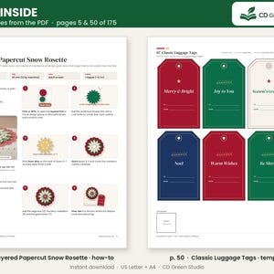May include: A digital document preview showing two pages from a PDF. Page 5 features instructions for a Layered Papercut Snow Rosette craft. Page 50 displays a template for six Classic Luggage Tags in red, green, and cream colors.