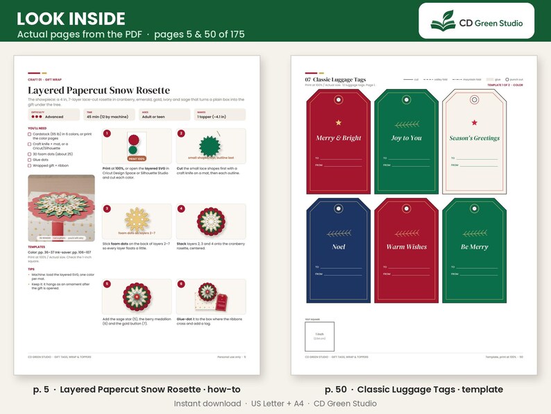 May include: A digital document preview showing two pages from a PDF. Page 5 features instructions for a Layered Papercut Snow Rosette craft. Page 50 displays a template for six Classic Luggage Tags in red, green, and cream colors.