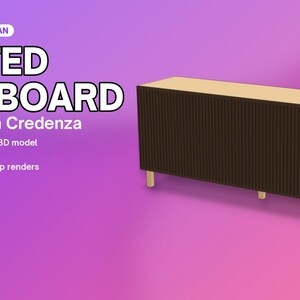 May include: A woodworking plan for a 183 cm fluted sideboard credenza. The document includes a cut list verified by a 3D model, imperial and metric measurements, cut diagrams, and step renders across 24 pages by CD Green Studio.