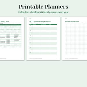 Op de afbeelding: Drie printbare plannerpagina's met donkergroene koppen en tekst. De pagina's zijn getiteld Planting Timing Chart, My 12 Month Planting Calendar en Garden Bed Planner. De tabellen bevatten kolommen voor plantdata en aantekeningen.
