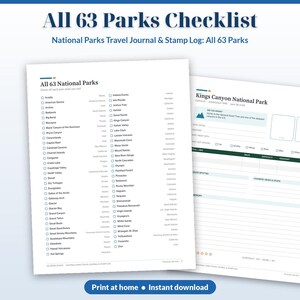 May include: A National Parks travel journal and stamp log featuring an All 63 Parks Checklist. The pages include a comprehensive list of all 63 national parks with checkboxes and a detailed entry page for Kings Canyon National Park.