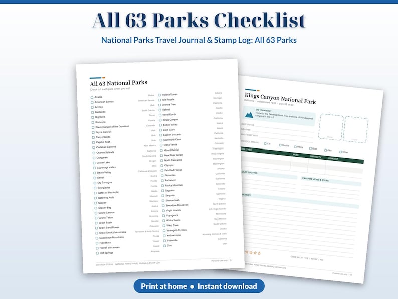 May include: A National Parks travel journal and stamp log featuring an All 63 Parks Checklist. The pages include a comprehensive list of all 63 national parks with checkboxes and a detailed entry page for Kings Canyon National Park.