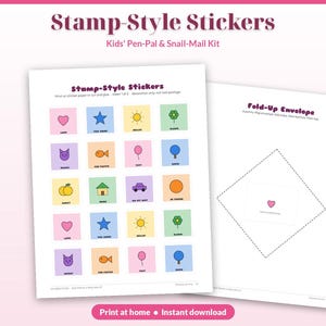 Puede incluir: Una hoja digital imprimible con pegatinas estilo sello con iconos coloridos como corazones, estrellas y soles, junto a una segunda hoja que muestra una plantilla de sobre plegable con una l&iacute;nea de corte punteada y un coraz&oacute;n.