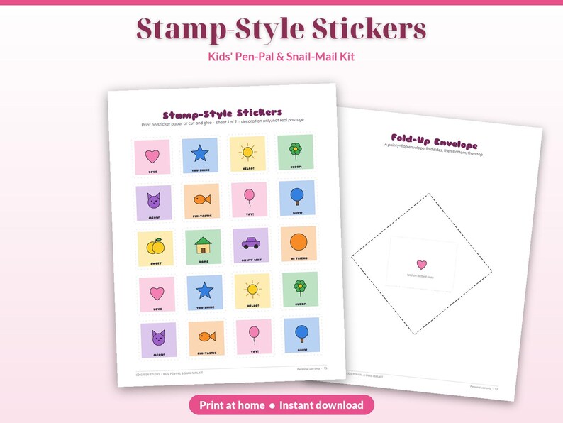 Puede incluir: Una hoja digital imprimible con pegatinas estilo sello con iconos coloridos como corazones, estrellas y soles, junto a una segunda hoja que muestra una plantilla de sobre plegable con una l&iacute;nea de corte punteada y un coraz&oacute;n.