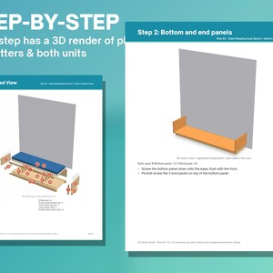 May include: A digital instruction manual for a cabin reading nook bench and window seat. The pages feature exploded views, 3D renders of wooden panels, and step-by-step assembly text labeled with part letters for construction guidance.