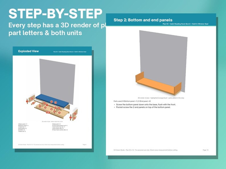May include: A digital instruction manual for a cabin reading nook bench and window seat. The pages feature exploded views, 3D renders of wooden panels, and step-by-step assembly text labeled with part letters for construction guidance.