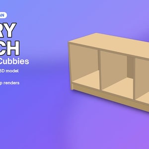 May include: A woodworking plan for an entry bench with shoe cubbies. The document includes a 3D render of a light wood-toned bench with three open storage compartments. Text includes: WOODWORKING PLAN ENTRY BENCH with Shoe Cubbies, 21 PAGES.