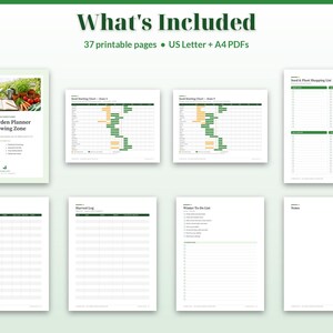 May include: A digital 2027 garden planner set featuring 37 printable pages in US Letter and A4 formats. The collection includes a cover page, seed starting charts, a seed and plant shopping list, a planting log, a harvest log, and a winter to-do list.