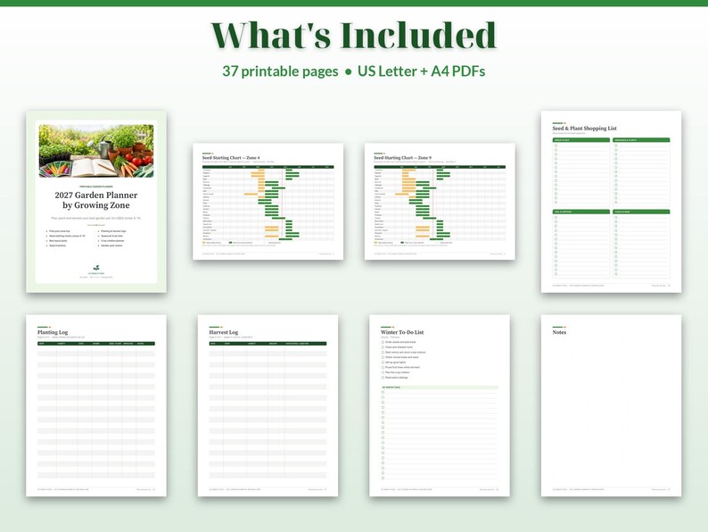 May include: A digital 2027 garden planner set featuring 37 printable pages in US Letter and A4 formats. The collection includes a cover page, seed starting charts, a seed and plant shopping list, a planting log, a harvest log, and a winter to-do list.