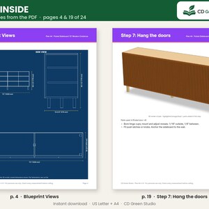 May include: A digital PDF document titled Look Inside showing blueprint views of a 1829 mm fluted sideboard on page 4 and step 7 for hanging doors on page 19. The technical drawings include front, side, and top views with dimensions in millimetres.