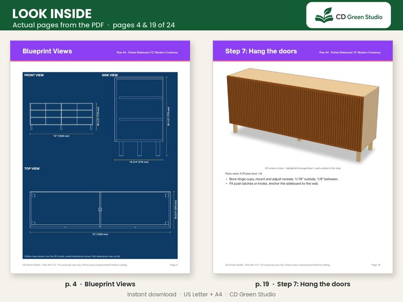 May include: A digital PDF document titled Look Inside showing blueprint views of a 1829 mm fluted sideboard on page 4 and step 7 for hanging doors on page 19. The technical drawings include front, side, and top views with dimensions in millimetres.