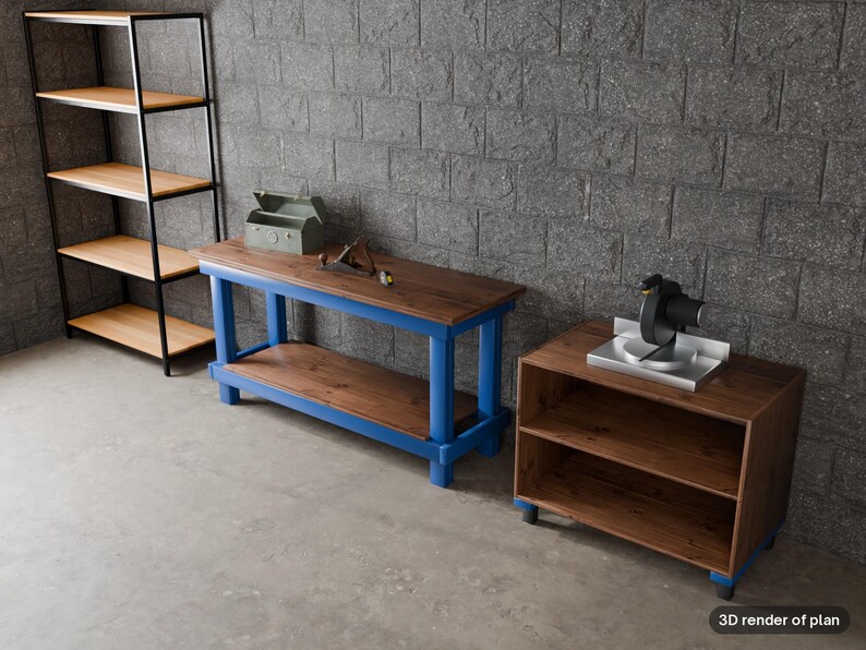 May include: A tall black metal shelving unit with light wood shelves, a long workbench with a blue frame and dark wood top, and a low dark wood cabinet with a miter saw on top. The text 3D render of plan is visible in the bottom corner.