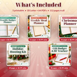Może przedstawiać: Cyfrowy zestaw pięciu planer&oacute;w do druku, zawierający Monthly Budget Planner, Weekly Meal Planner, Christmas Planner, Holiday Hosting Kit oraz Gift Budget & BF Tracker, łącznie 112 stron w formatach PDF US Letter i A4.