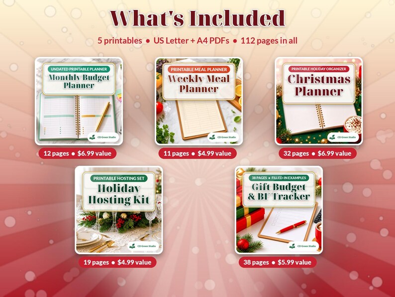 Może przedstawiać: Cyfrowy zestaw pięciu planer&oacute;w do druku, zawierający Monthly Budget Planner, Weekly Meal Planner, Christmas Planner, Holiday Hosting Kit oraz Gift Budget & BF Tracker, łącznie 112 stron w formatach PDF US Letter i A4.