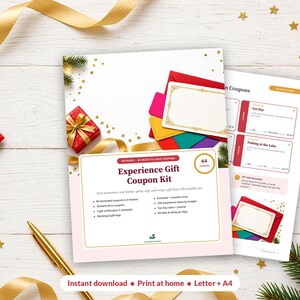 Puede incluir: Un kit de cupones de regalo de experiencias con 64 p&aacute;ginas de cupones imprimibles, certificados de regalo y etiquetas. La portada muestra el t&iacute;tulo Experience Gift Coupon Kit, enumera 64 cupones e incluye detalles sobre sobres y planificadores.