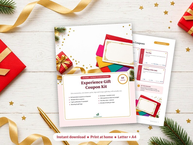 Puede incluir: Un kit de cupones de regalo de experiencias con 64 p&aacute;ginas de cupones imprimibles, certificados de regalo y etiquetas. La portada muestra el t&iacute;tulo Experience Gift Coupon Kit, enumera 64 cupones e incluye detalles sobre sobres y planificadores.