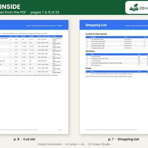 Peut inclure: Deux pages d'un document de plan de menuiserie num&eacute;rique intitul&eacute; Look Inside, pr&eacute;sentant une liste de coupe &agrave; gauche et une liste d'achats &agrave; droite. Les tableaux contiennent des colonnes d&eacute;taill&eacute;es pour les pi&egrave;ces, les quantit&eacute;s, les dimensions en pouces et millim&egrave;tres, et les mat&eacute;riaux.