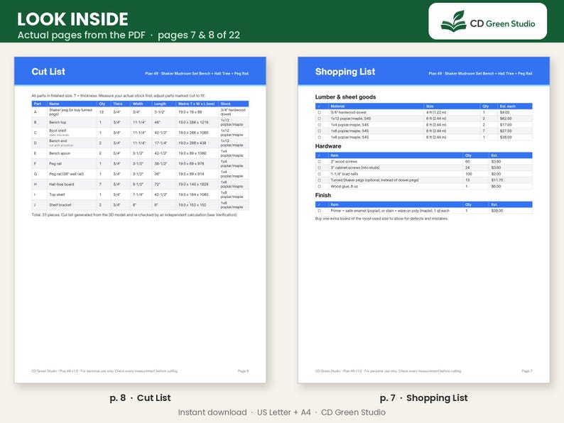Peut inclure: Deux pages d'un document de plan de menuiserie num&eacute;rique intitul&eacute; Look Inside, pr&eacute;sentant une liste de coupe &agrave; gauche et une liste d'achats &agrave; droite. Les tableaux contiennent des colonnes d&eacute;taill&eacute;es pour les pi&egrave;ces, les quantit&eacute;s, les dimensions en pouces et millim&egrave;tres, et les mat&eacute;riaux.