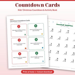 Może przedstawiać: Dwie strony z książki z ćwiczeniami zatytułowanej Countdown Cards. Jedna strona zawiera sześć ponumerowanych p&oacute;l z zajęciami świątecznymi i ikonami. Druga strona zawiera arkusz zadań matematycznych Snowball Addition.