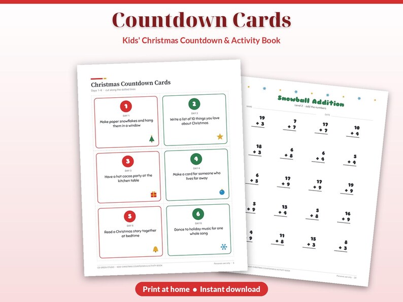 Może przedstawiać: Dwie strony z książki z ćwiczeniami zatytułowanej Countdown Cards. Jedna strona zawiera sześć ponumerowanych p&oacute;l z zajęciami świątecznymi i ikonami. Druga strona zawiera arkusz zadań matematycznych Snowball Addition.