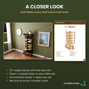 Printable Staggered Shoe Tower Plans, Angled Shoe Rack Woodworking Plan PDF, Drawer Base + Tray Top, Entryway Shoe Storage DIY, Letter or A4 image 4