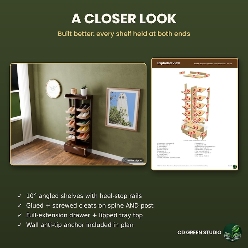 Printable Staggered Shoe Tower Plans, Angled Shoe Rack Woodworking Plan PDF, Drawer Base + Tray Top, Entryway Shoe Storage DIY, Letter or A4 image 4