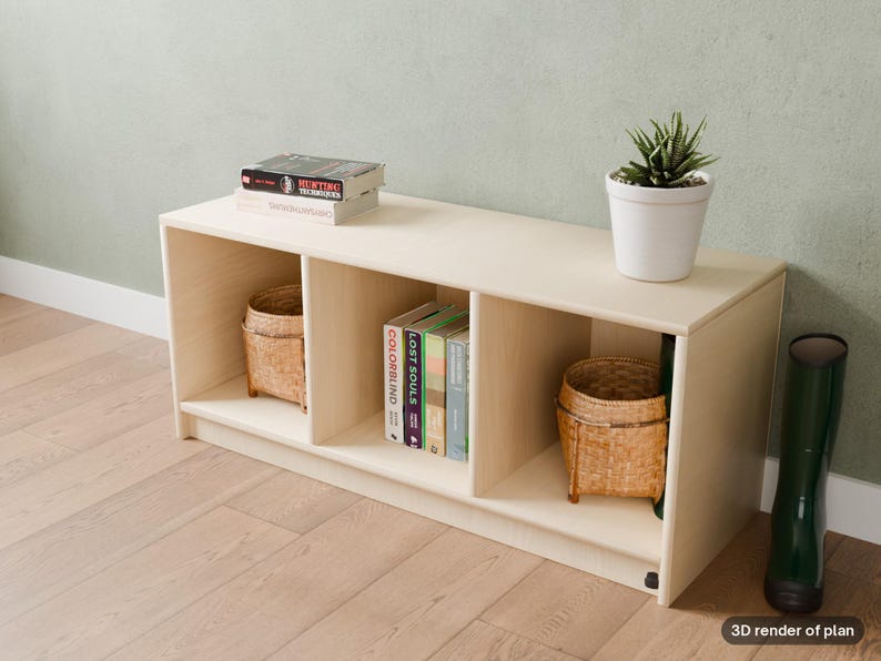 May include: A light-colored wooden storage unit with three open compartments. The top surface holds a white potted plant and two stacked books. Inside the cubbies are two woven baskets and a row of books titled Colorblind, Lost Souls.